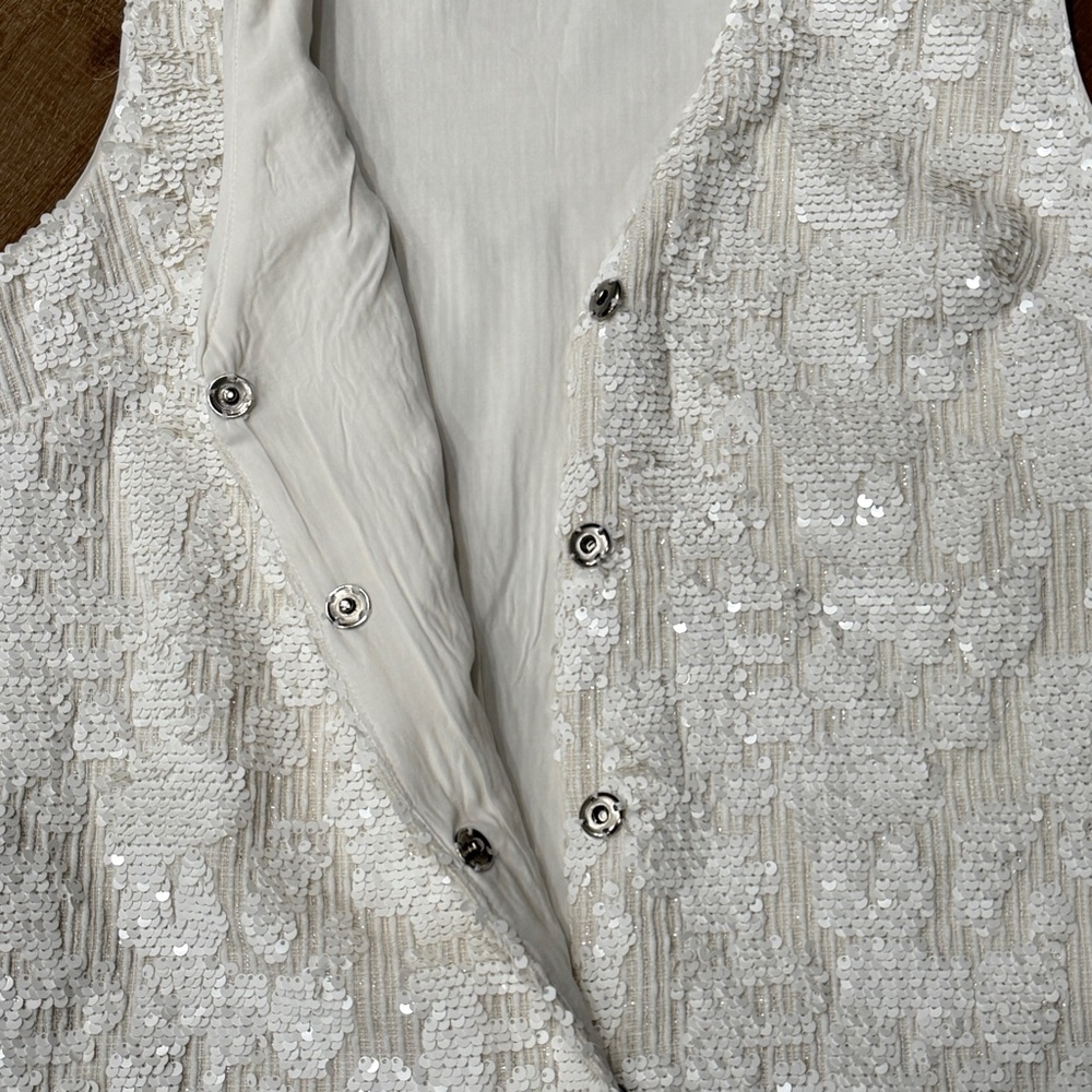 Anthropologie Sunday in Brooklyn White Sequin Vest Dress Medium SnapClose Formal - Picture 4 of 13